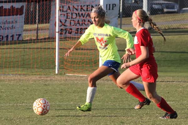 Camryn Crass with the ball for the Lady Marshals, scored their second goal in last week's 2-1 win over Calloway County.