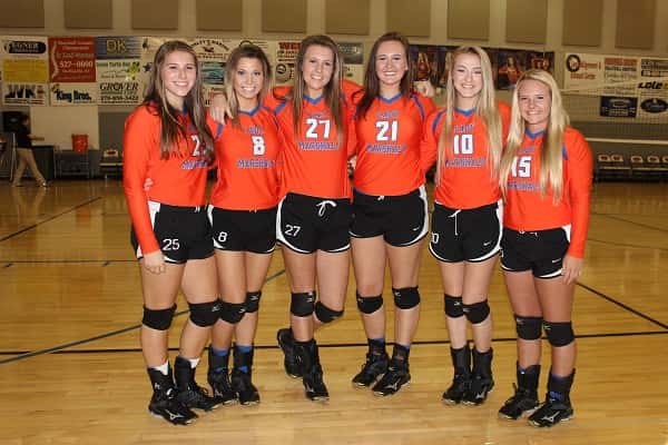 Marshall County volleyball honored their seniors Tuesday (L-R) Kirsten Walker, Paige Henson, Hannah Langhi, Ragan Harris, Alexis Hines and Lakin Reed.