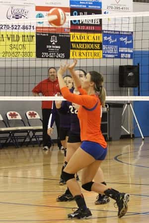 Paige Henson, setting the ball for a Marshall hitter, led the team in assists with 38.