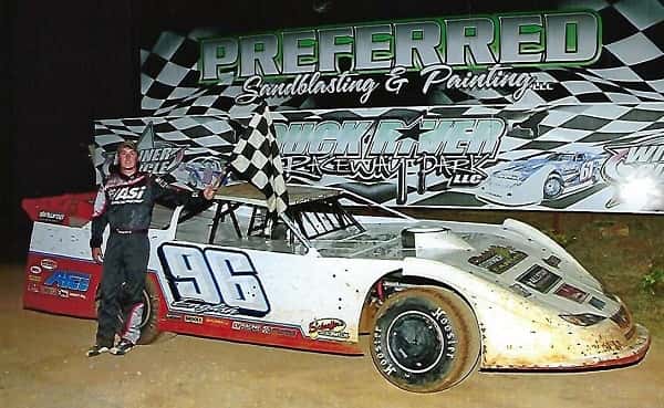 Tanner English in Victory Lane at Duck River after winning the tune-up to the Deep Fried 75.