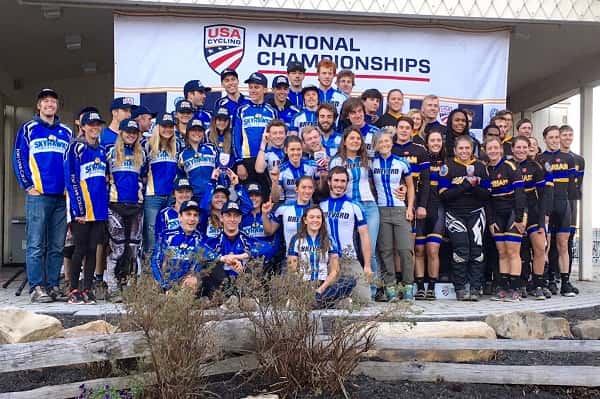 The Brevard College Cycling Team on the podium as the D1 National Champions. Second place went to Fort Lewis (Durango, CO) and third place to Marian University (Indianapolis, IN).