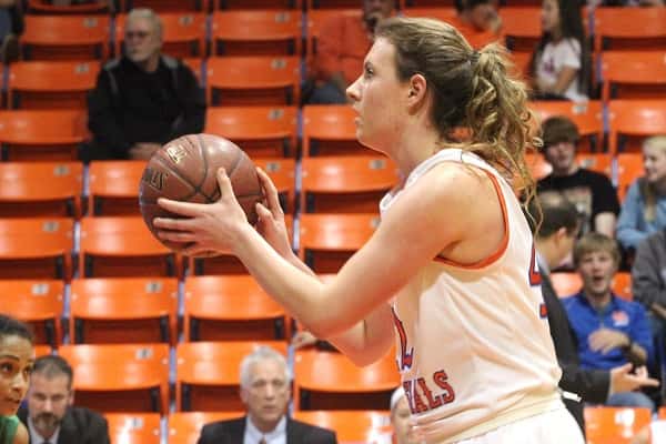Hannah Langhi at the free throw line, led all scorers with 20 points and pulled in 11 rebounds against Ballard Memorial.