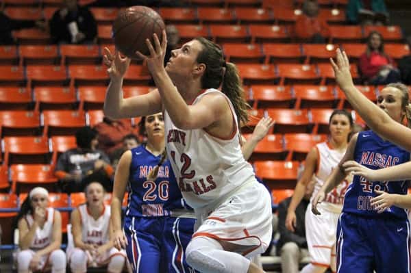 Hannah Langhi eyes the basket in the Lady Marshals Thursday Hoopfest game against Massac County.