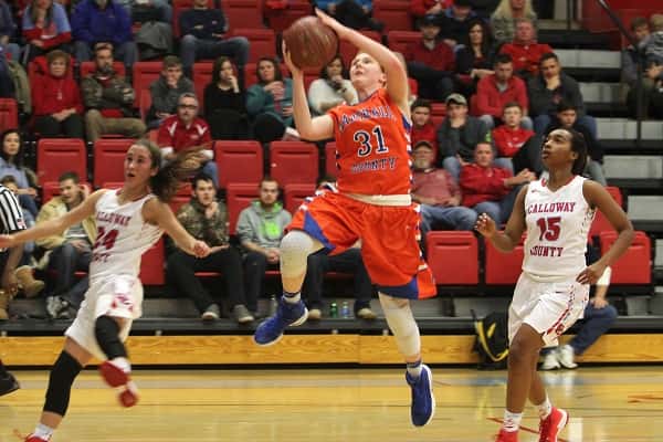 Miyah Davis on a fast break to the basket in the Lady Marshals first district game of the season at Calloway County.