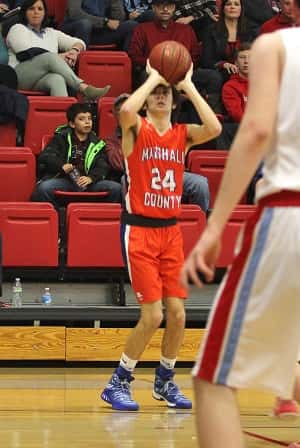 Bryce Flatt setting up for one of his three 3-pointers in the Marshals win over the Lakers.