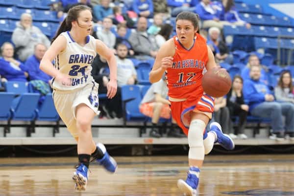 Tera Colson brings the ball down the court for the Lady Marshals guarded by Lady Eagle Raychel Mathis, in last week's game at Graves County.