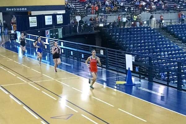 Marshall County's Bailey Sandlin running in the 800 meters in the West Region Indoor Invitational at Murray State.