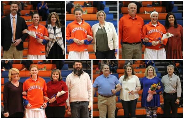 Lady Marshal senior and families were recognized Tuesday. Top (L-R) Hannah Langhi, Paige Henson and Lexee Miller. Bottom (L-R) Miyah Davis and Ally Terrell.