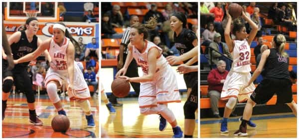 Seniors (L-R) Lexee Miller, Hannah Langhi and Paige Henson in Tuesday's final regular season game against Madisonville-North Hopkins.