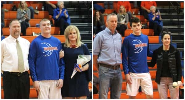 Marshall County seniors Houston Harvey (left) and Tristen Prange were honored along with their parents before the Marshals took on Mayfield.