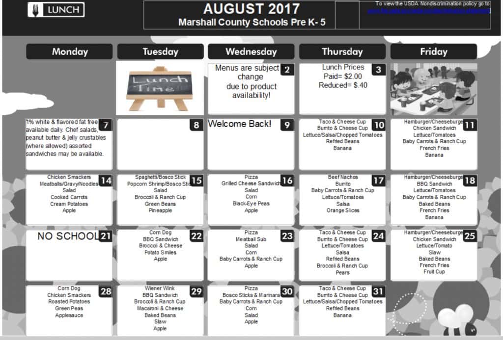 August breakfast lunch menus for Marshall County public schools