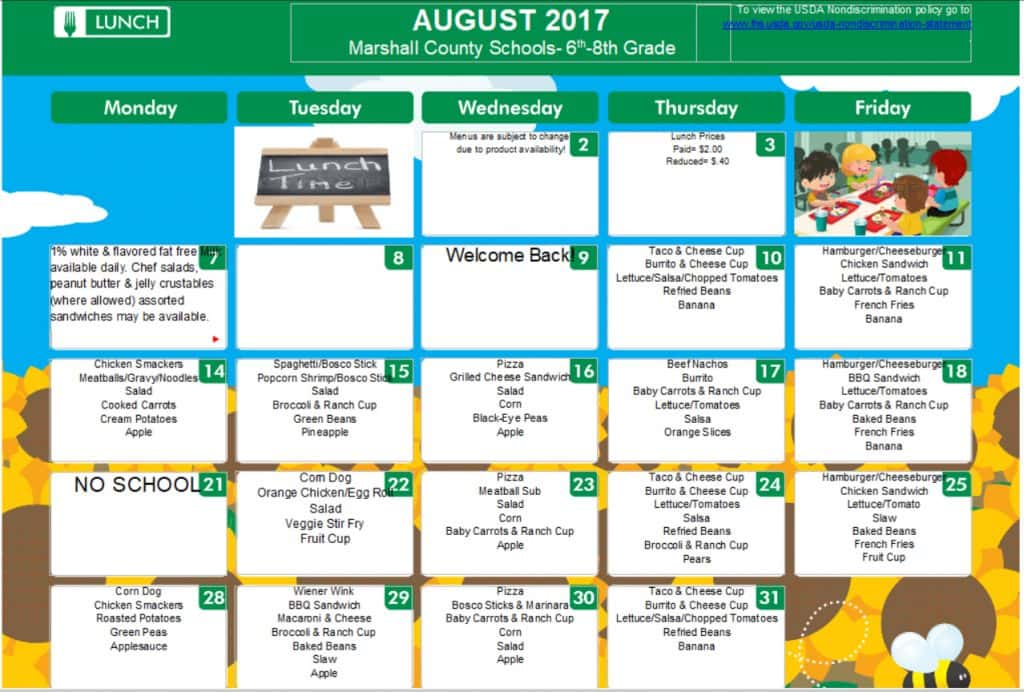 August breakfast, lunch menus for Marshall County public schools ...