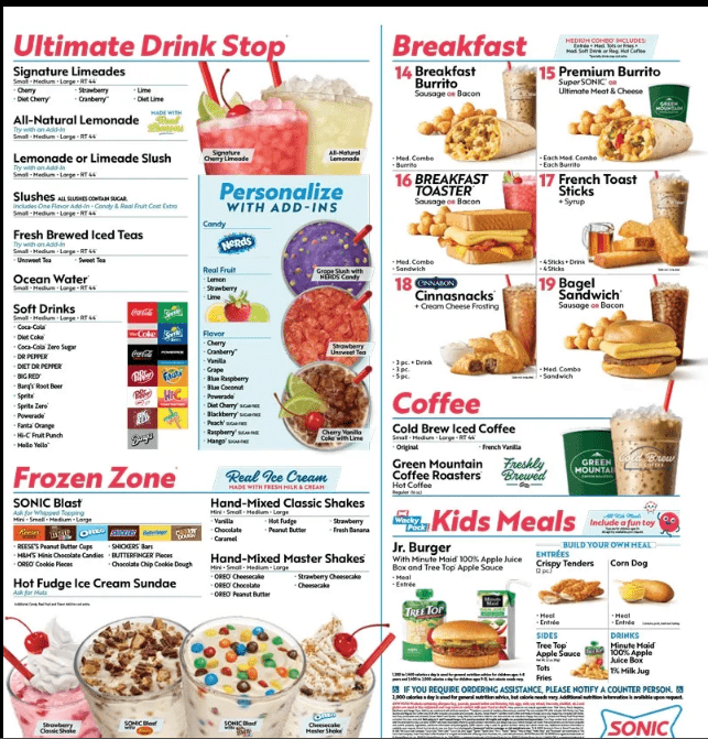 Sonic drive shop thru menu