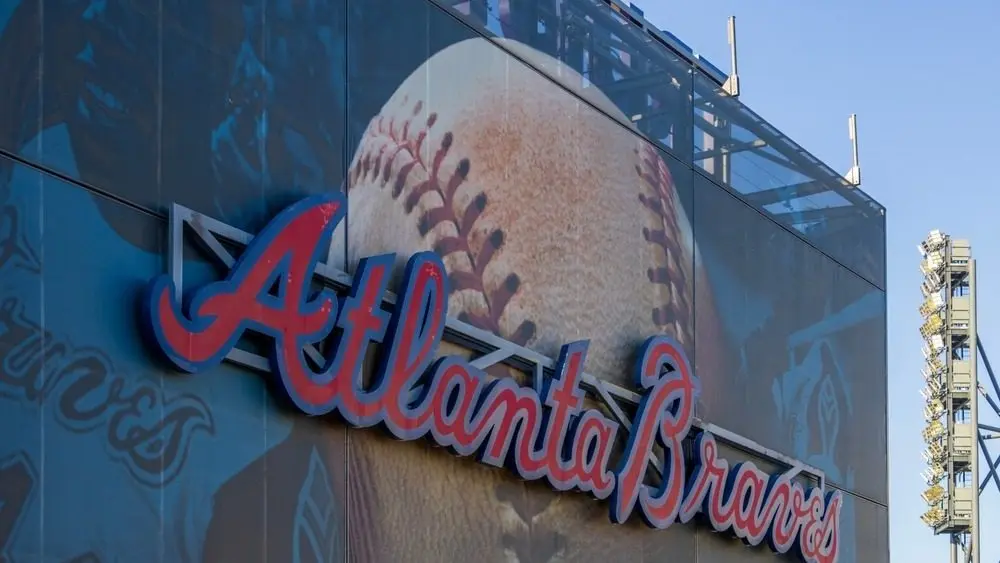 Atlanta Georgia USA - 9 7 2024: The Atlanta Braves logo on the back of the scoreboard at Truist Park in Atlanta Georgia USA