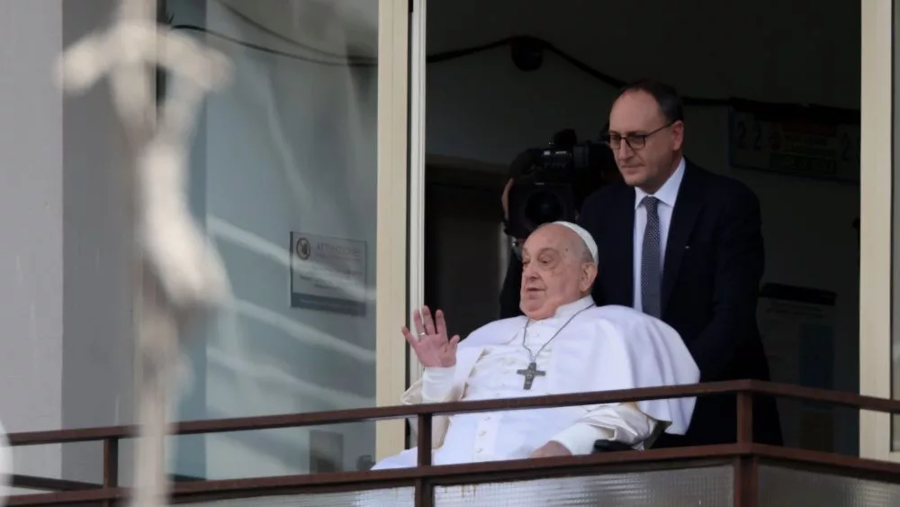 Pope Francis appears at the Gemelli Polyclinic in Rome for the Angelus blessing after a month of hospitalization for bilateral pneumonia. Rome^ Italy 23.03.2025