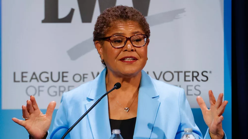 LA Mayor Karen Bass^ attends a mayoral debate on May 1^ 2022 in Los Angeles.