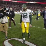 NFC Championship Packers 49ers Football: Green Bay Packers quarterback Aaron Rodgers leaves the field after their loss against the San Francisco 49ers in the NFL NFC Championship football game Sunday, Jan. 19, 2020, in Santa Clara, Calif. The 49ers won 37-20 to advance to Super Bowl 54 against the Kansas City Chiefs. (AP Photo/Matt York)