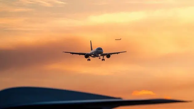 sky-high-traffic-sunset-arrival-with-blurred-tail-of-parked-plane-and-approaching-jet