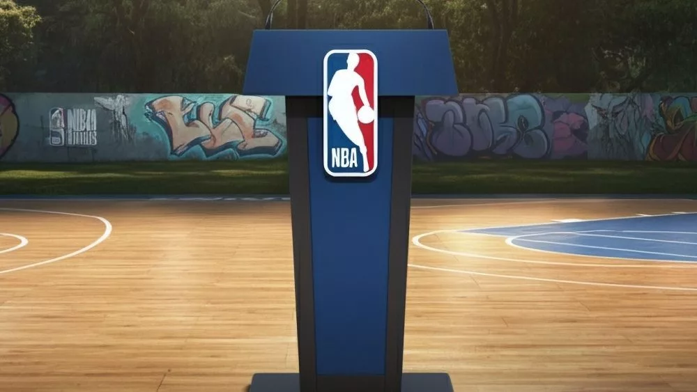 nba blue stand podium with microphone stand standing in the middle of basketball court in city park metro manila
