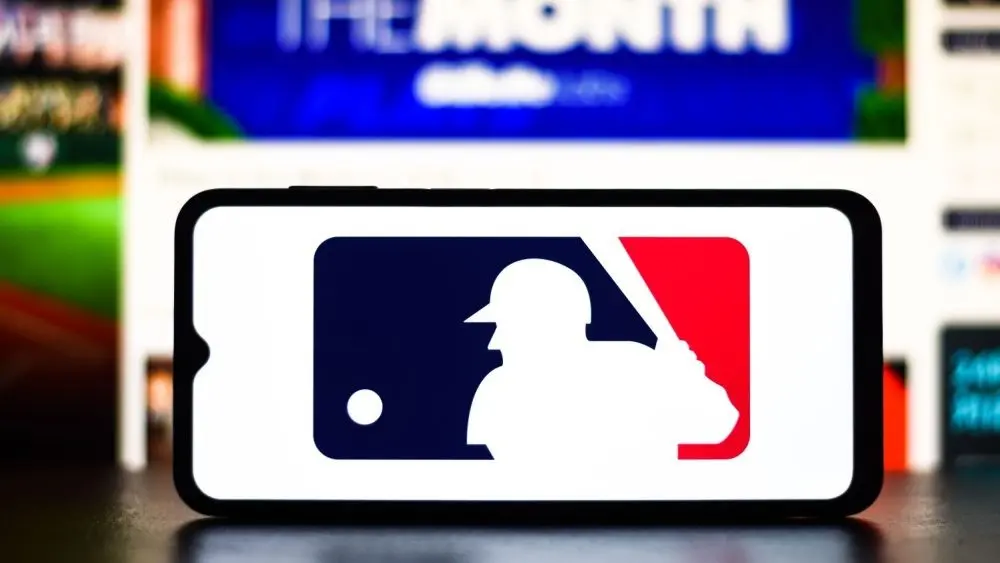 Selective focus of the MLB (Major League Baseball) logo. It is the premier professional baseball league in North America
