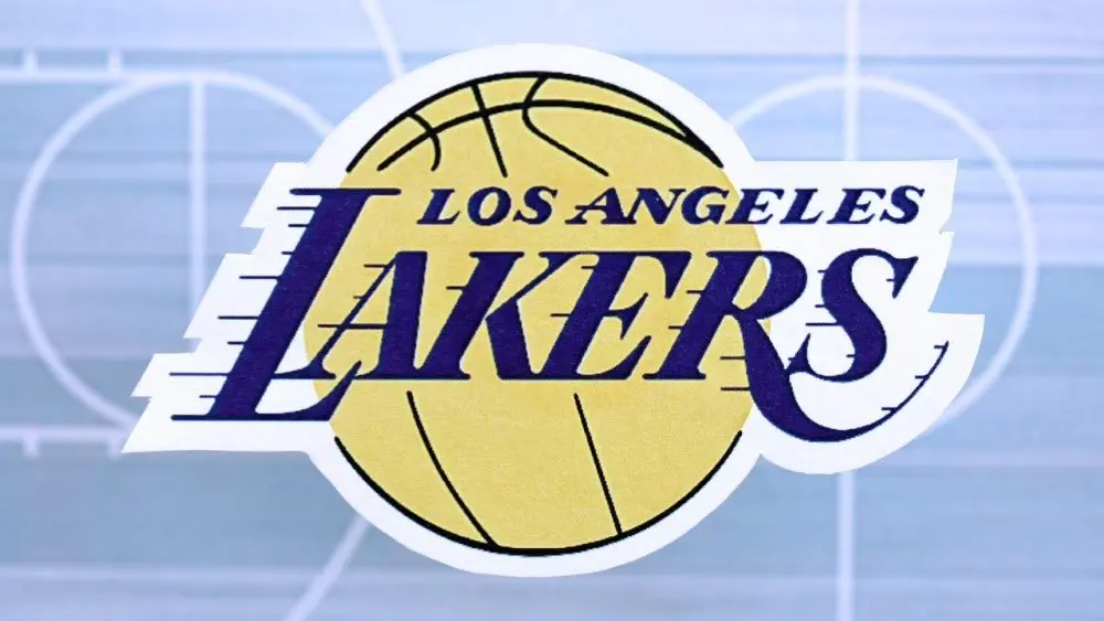 Los Angeles Lakers basketball team badge lies on basketball stadium map background banner