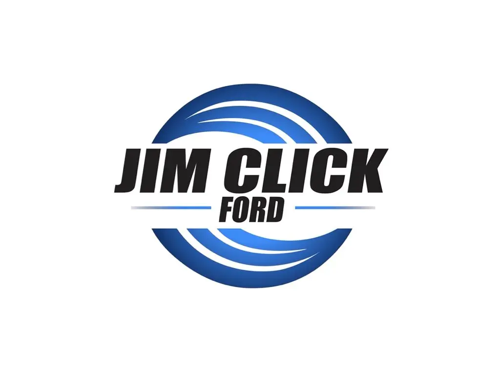 The image is a logo for Jim Click Ford. It features bold, black text that says "JIM CLICK" in all caps, with the word "FORD" underneath in a slightly smaller font and dark blue color. The text is centered inside a circular, stylized blue wave graphic that gives a sense of motion and energy. The overall design is clean, modern, and dynamic, set against a white background.