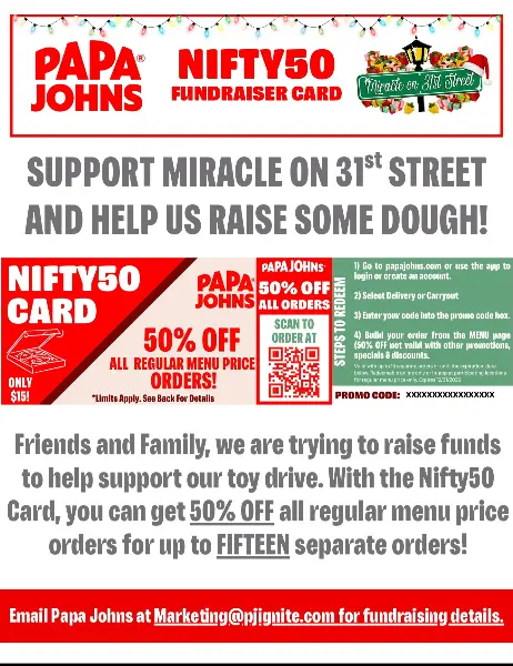 Papa John's Nifty 50 Fundraiser Flyer