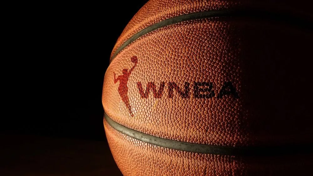 Closeup of a basketball with the WNBA logo and text