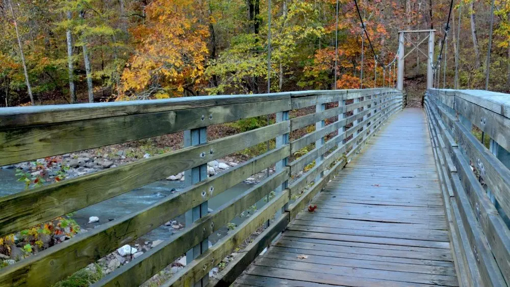Horizontal perspective shot of suspension walking bridge over stream at Devil's Den State Park in Arkansas.
