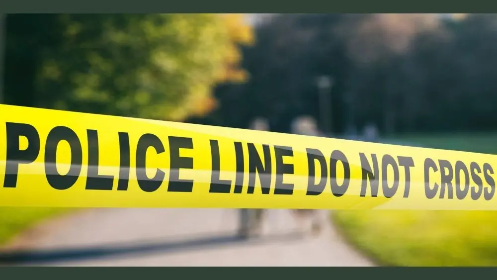 Police line outdoors. Warning yellow tape^ text police line do not cross^ blur park nature background. 3d illustration