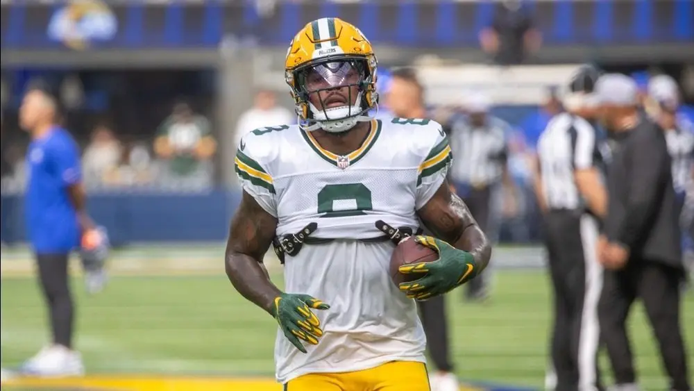 Green Bay Packers running back Josh Jacobs #8 warms up prior to an NFL football game against the Los Angeles Rams at SoFi Stadium^ Sunday^ Oct. 6^ 2024^ in Inglewood^ Calif.