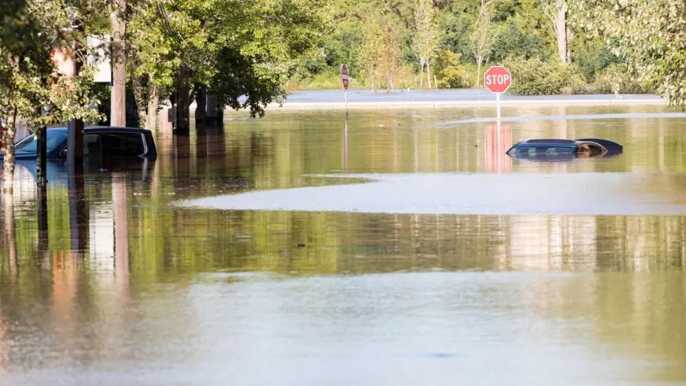 Cars submerged underwater in the aftermath of Hurricane Ida. New Brunswick^ New Jersey - September 2^ 2021