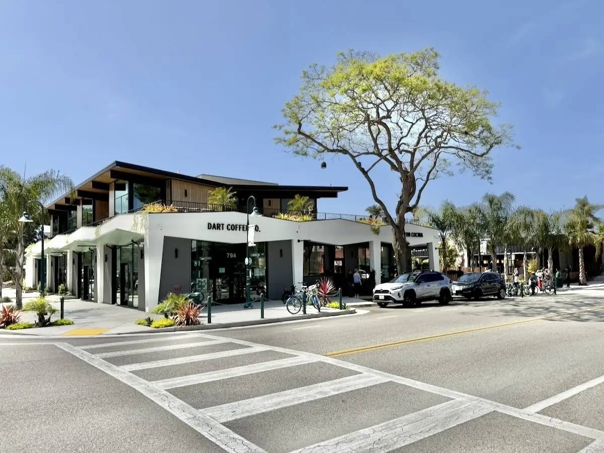 For all its small-town charm, Carpinteria has lacked a center, but no longer: Linden Square is open, and as I mentioned the other day, it feels great—both from the street, where it has curb appeal unmatched by anywhere else in downtown Carpinteria, and on the premises. DMHA worked on the shell, while Kevin Moore Architect and AB Design Studio handled the interiors, and Jodi G designed the public spaces. At its core is a broad courtyard open to one and all; there’s also some interior communal seating, and the restaurants each have their own dedicated seats. The photos in this post were taken during the ribbon cutting, which is why people are standing around like that. Linden Square has assembled a murderer’s row of Santa Barbara establishments—Third Window Brewing Co., Tina’s (from Bettina), Corazón Cocina, and Dart Coffee Co.—which is a little more exciting for Carpinterians than Santa Barbarans who might wonder why should make the trip. Third Window has the primest position, in an airy space on Linden Avenue with garage door–style windows.