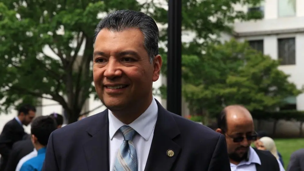 Senator Alex Padilla (D-CA) while Secretary of State for California^ speaks at the annual Muslim Day at the Capitol event in Sacramento – April 24^ 2017