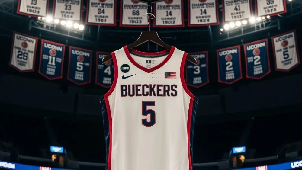 Former UCONN standout Paige Bueckers jersey #5 hanging in the Uconn arena