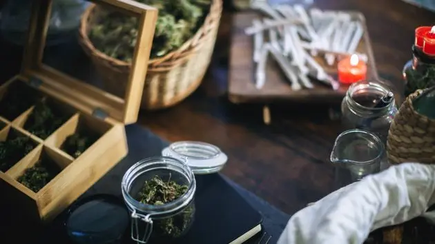 products-in-cannabis-store-stock-photo