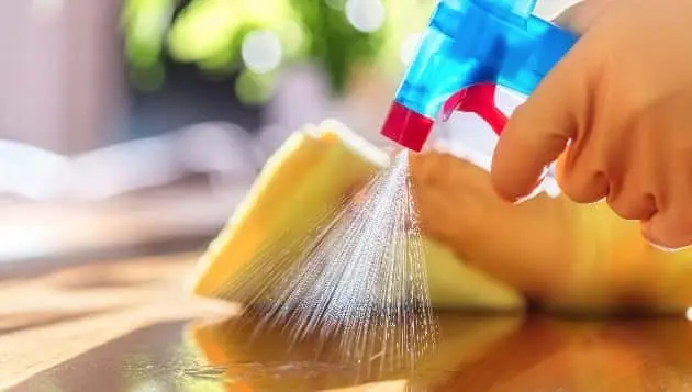 cleaning-with-spray-detergent-rubber-gloves-and-dish-cloth-on-work-surface