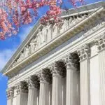 Washington D.C. US Supreme Court building. during spring time; cherry blossoms seen in front of image of Supreme Court