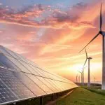 Solar panels and wind turbines stand tall under a dramatic sunset sky^ symbolizing clean renewable energy and a sustainable future landscape against a vibrant golden hour light.