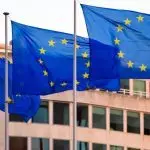 Flags of the European Union in Brussels. 17-12-2018