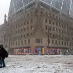 New York^ NY USA - February 1^ 2021: Snow storm on East Coast^ New York City. Manhattan During Nor'easter Blizzard