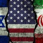 Israel^ United States and Iran flags on the textured wall^ political conflict concept background with clash. War^ trade^ diplomatic. USA negotiation
