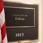 A sign at the entrance to a House Ethics Committee hearing room in Washington^ DC on July 18^ 2017. The House of Representatives is the lower chamber of the US Congress.
