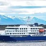 MV Hondius^ a purpose-built^ environmentally-friendly expedition cruise ship^ departs from the port of Ushuaia. Ushuaia^ Argentina - January 4 2025