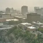 Aerial View of Spokane^ Washington in heavy Wildfire Smoke