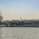 The United States Navy aircraft carrier USS Gerald R. Ford docked in Split^ Croatia on 27 June^ 2023.