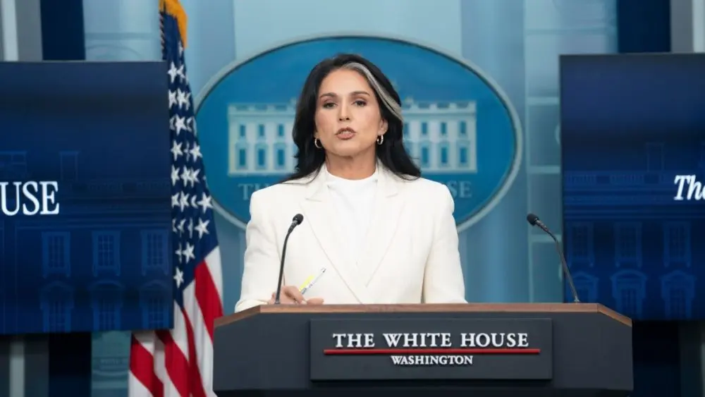 Director of National Intelligence Tulsi Gabbard speaks during a press briefing at in Washington^ Wednesday^ July 23^ 2025.