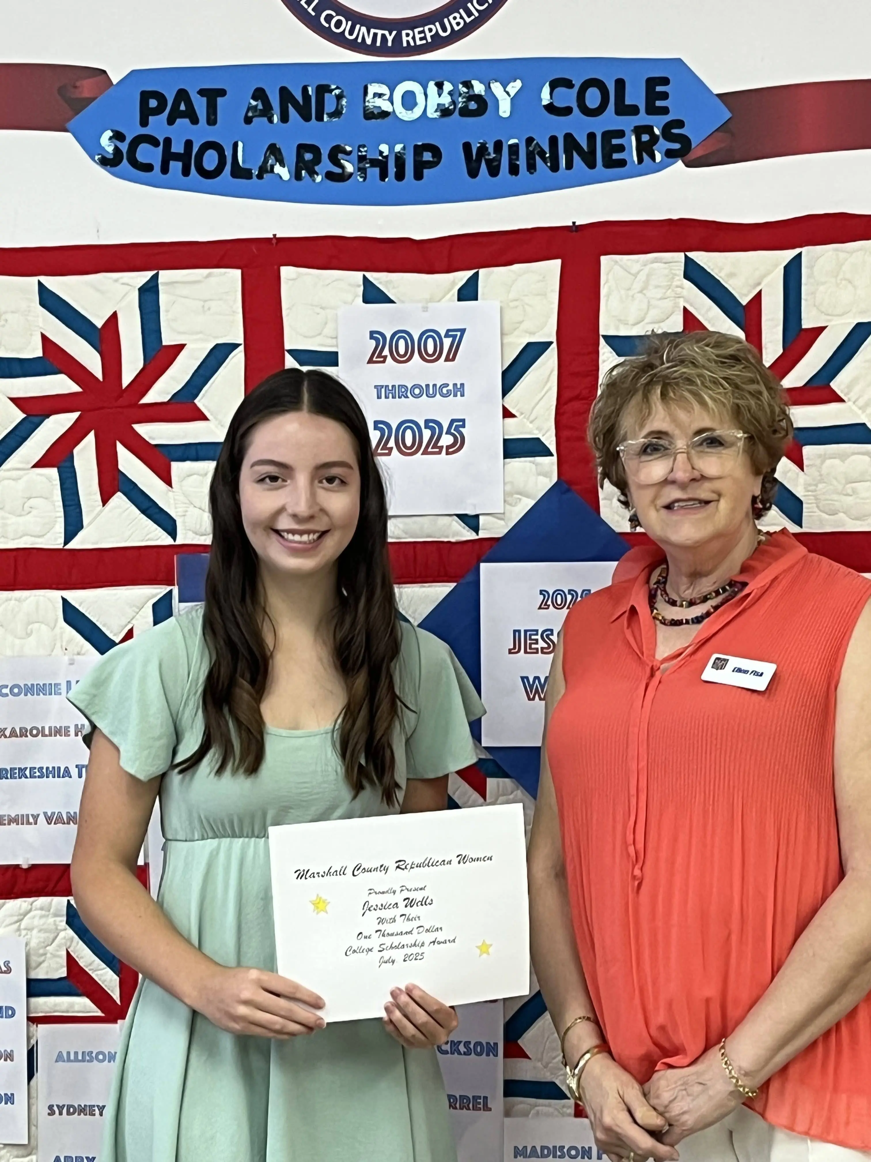 Pictured from left to right are: Jessica Wells, recipient and Ellen Fisk Committee Chairman.