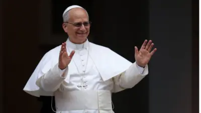 Pope Leo XIV at the gates of the Apostolic Palace before thousands of faithful in Castelgandolfo. Italy - August 17^ 2025