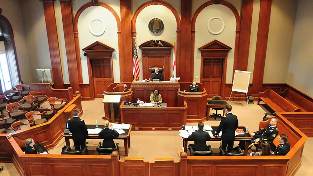 The 167th JAG section and the Alabama National Guard Trial Defense Service finishes a mock trial, Aug. 8, 2018, at the Calhoun County Courthouse, Anniston, Alabama.